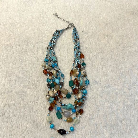 Multistrand Blue Multicolored Crystal Beads Statement Bib Necklace - Picture 6 of 8